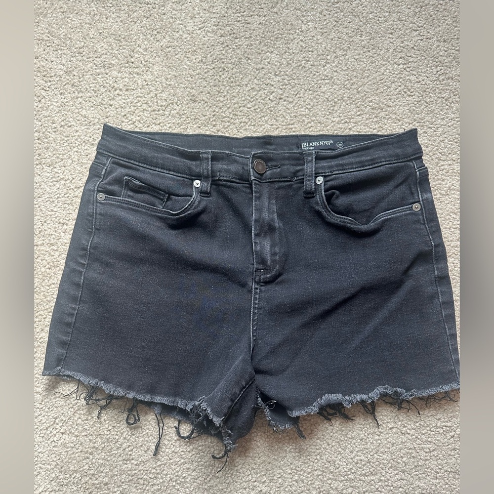 Blank NYC “The Essex” Black Frayed-Hem Denim Cutoff Shorts